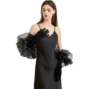 Women's Black-2 Velvet Satin Mesh Ruffled Puff Long Gloves Banquet Party Tea